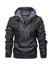 Black faux leather hooded jacket with zippered pockets and chest pockets.