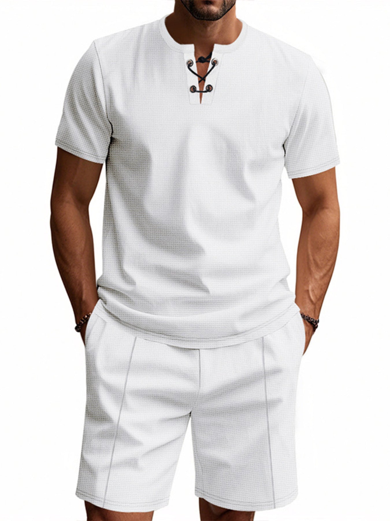White lace-up V-neck t-shirt and shorts set for men.