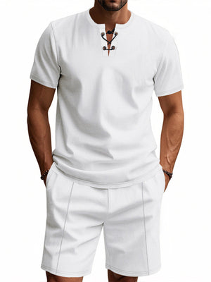 White lace-up V-neck t-shirt and shorts set for men.