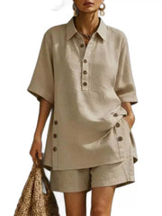 Khaki linen shorts and buttoned tunic top, part of a relaxed two-piece ensemble.