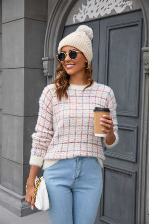 Textured grid knit crewneck sweater in multicolor with fuzzy texture and crew neckline.