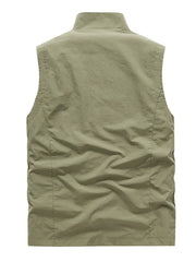 Men's plus size sage green multi-pocket vest, back view