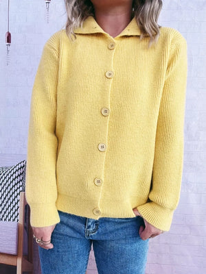 Yellow ribbed button-up cardigan with polo collar and wooden buttons
