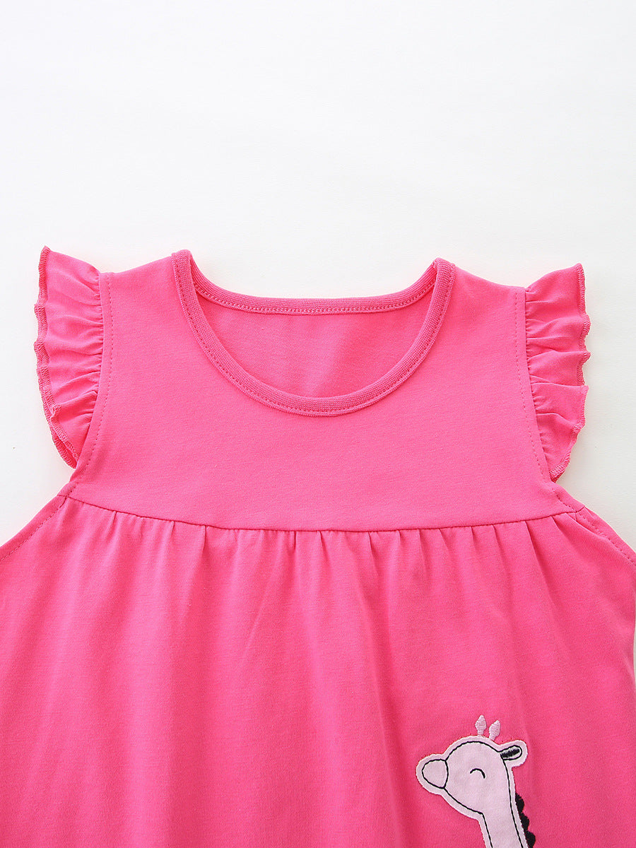 Pink cotton bikini set with giraffe applique and ruffle sleeves