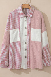 Panelled houndstooth quilted shacket in dusty pink with cable knit details and chest pockets.