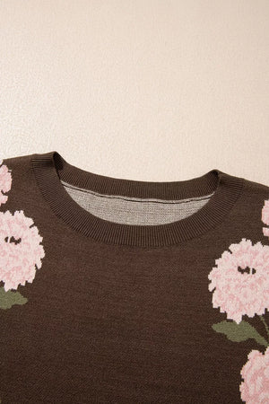 Floral Print Drop Shoulder Relaxed Sweater in Dark Brown, product detail