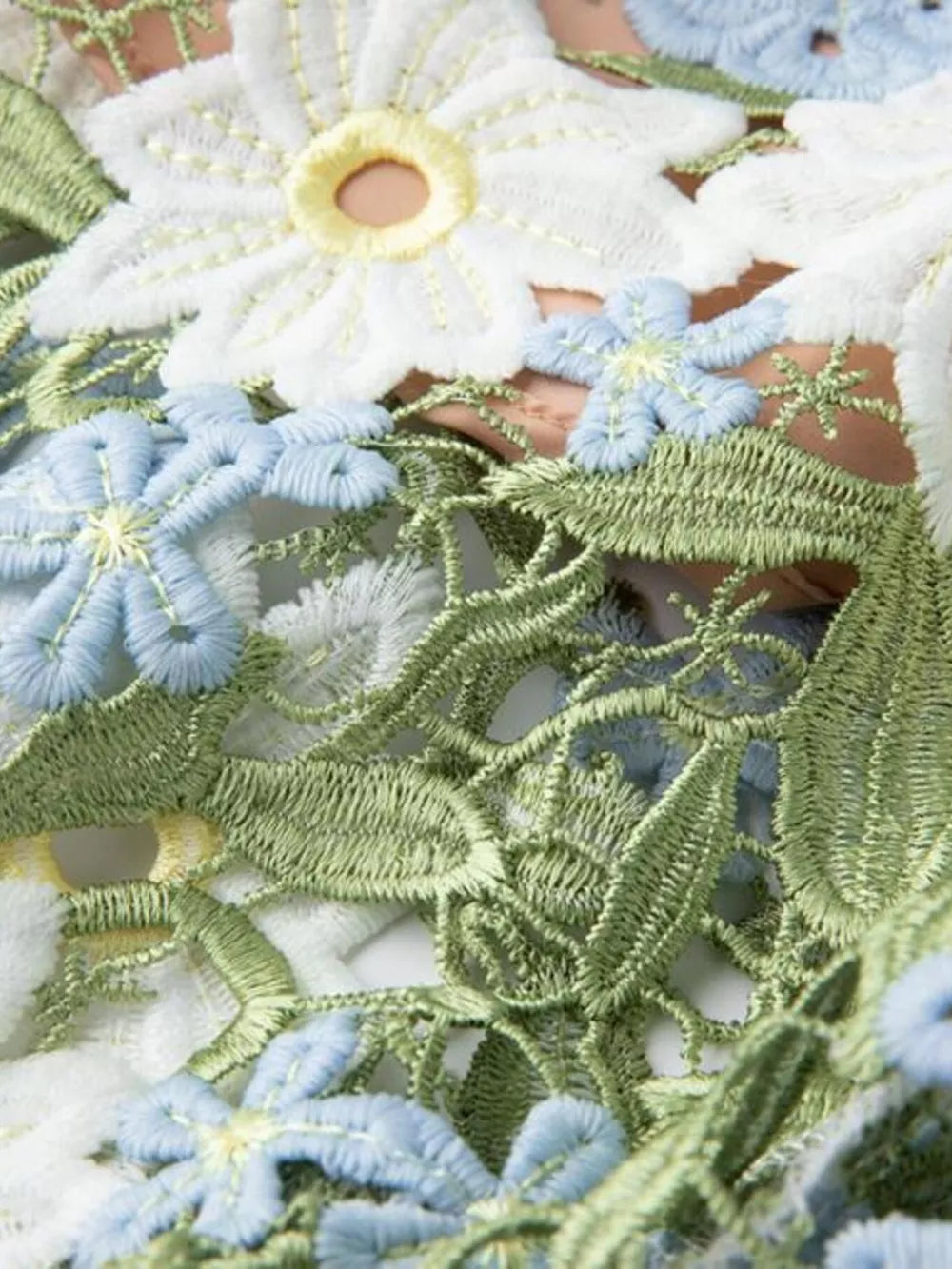 Embroidered floral maxi dress detail with white, blue, and green appliqués and brocade texture.