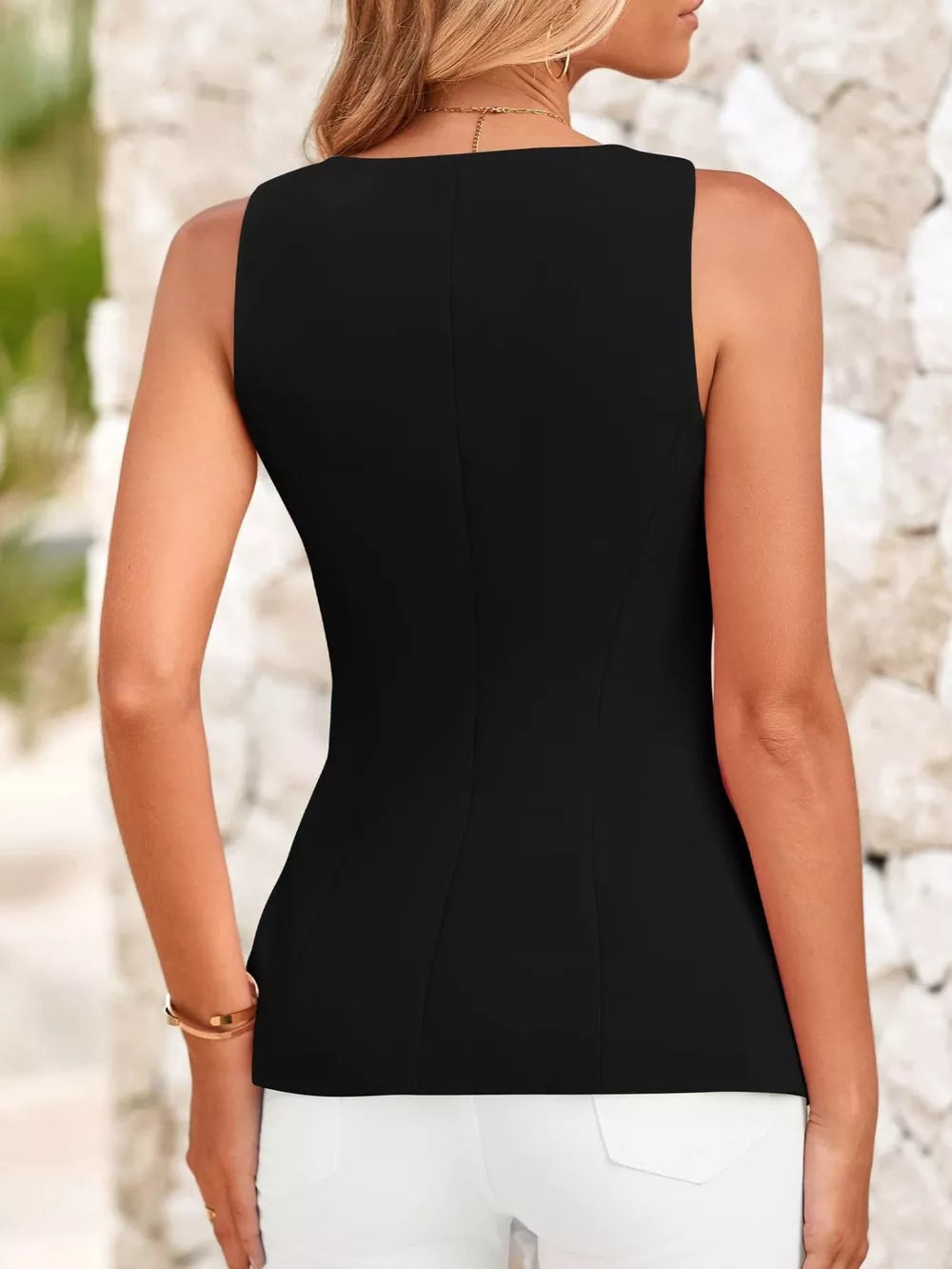 Black tailored square neck button-up tank top with a fitted silhouette.
