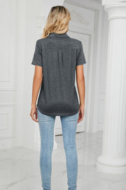 Dark Gray V-neck polo shirt with short sleeves and a back pleat detail.