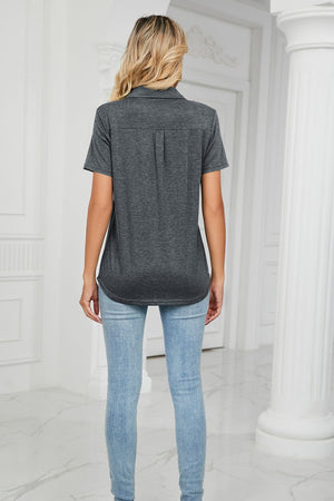 Dark Gray V-neck polo shirt with short sleeves and a back pleat detail.
