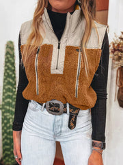 Cozy color block zippered vest coat in brown and beige with fuzzy texture and zip pockets.