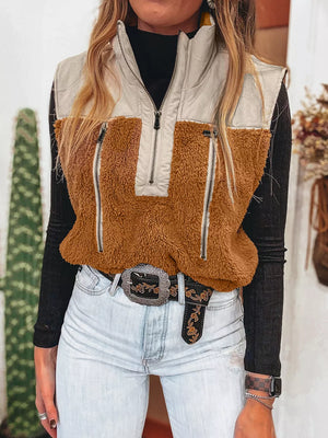 Cozy color block zippered vest coat in brown and beige with fuzzy texture and zip pockets.