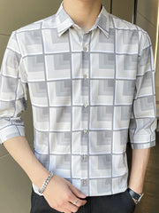 Men's casual button-up shirt in grey geometric print cotton blend with 3/4 sleeves.
