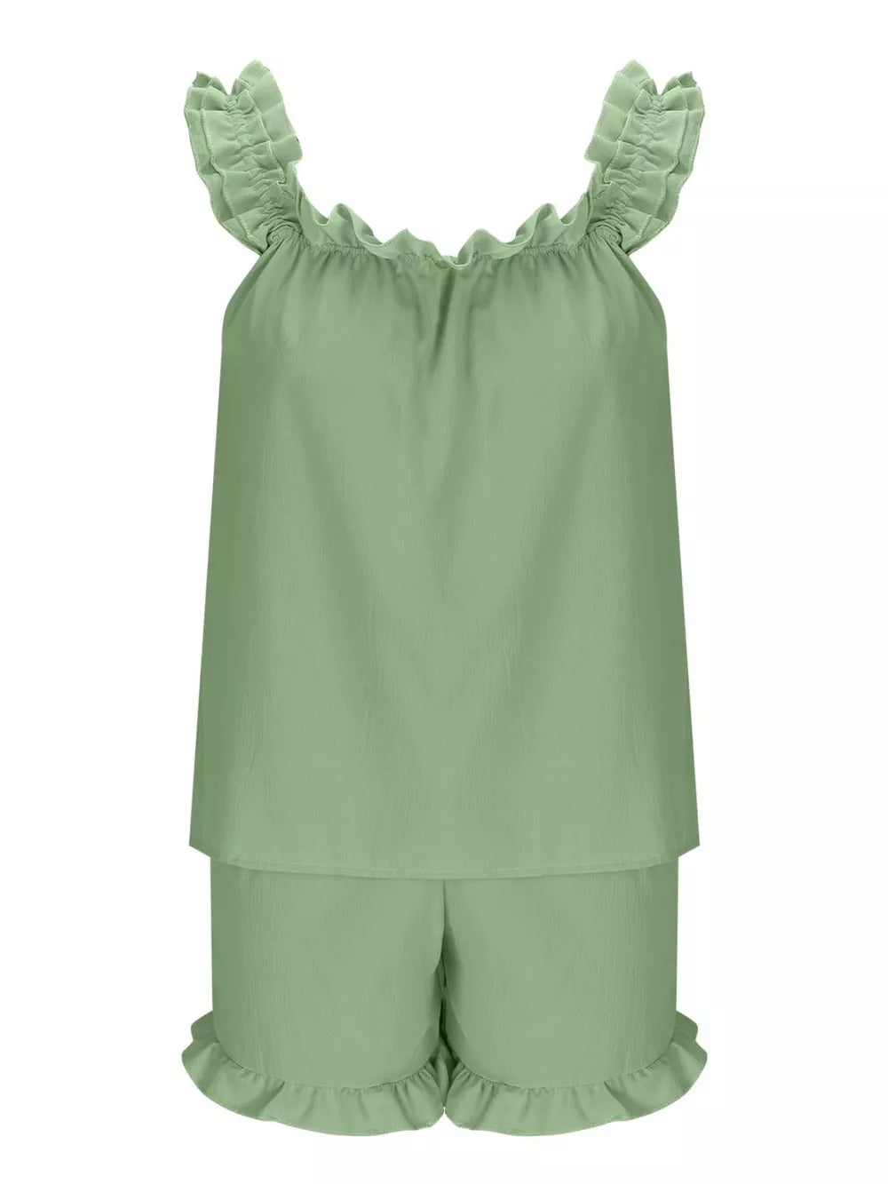 Light blue ruffled pajama set with elastic neckline and ruffle trim shorts.