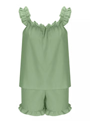Light blue ruffled pajama set with elastic neckline and ruffle trim shorts.