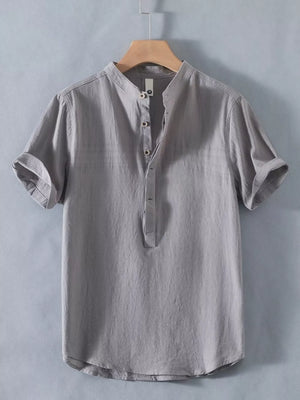 Grey cotton short sleeve shirt with band collar and button detail