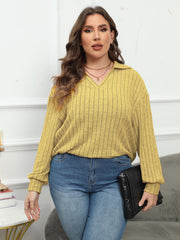 Relaxed ribbed polo top in Banana Yellow with vertical stripes and a V-neck.