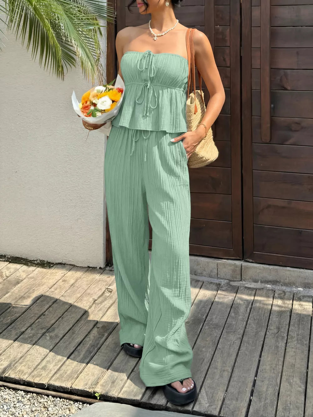 Gum Leaf tube top and wide-leg pants set with drawstring details and pockets.