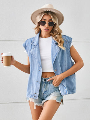 Light blue denim sleeveless blazer vest with notched lapels and button front.