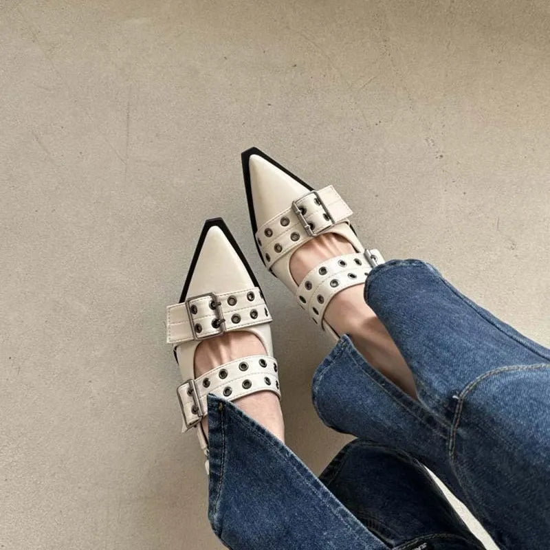 Beige studded pointed-toe slingback flats with double buckle straps