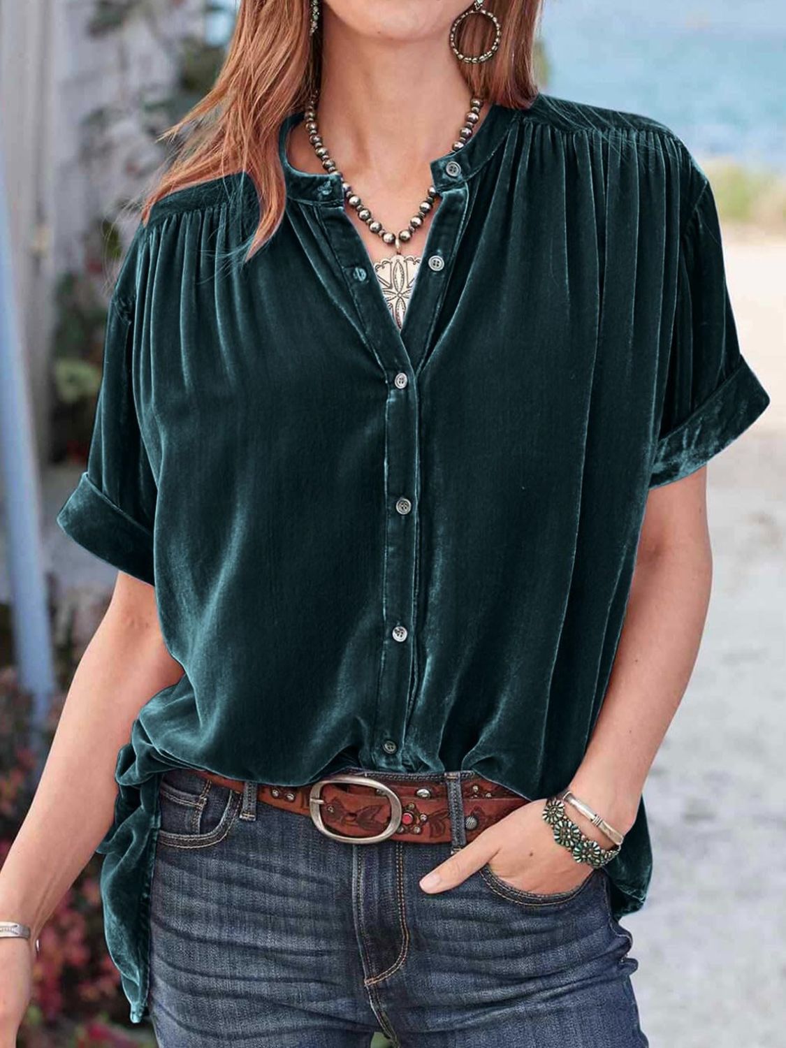 Dark Green velvet button-down blouse with mandarin collar and short sleeves.
