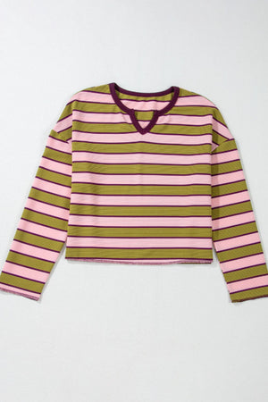 Waffle knit cropped top with V-neck and horizontal stripes in pink and green.