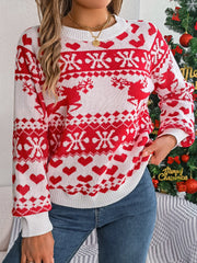 White and red acrylic knit sweater with reindeer and heart pattern.