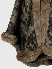 Camel feather print cape with faux fur trim and lining