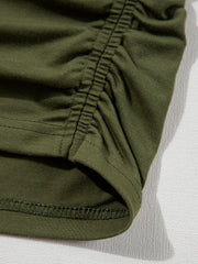 Moss green tee with ruched front detail and visible stitching