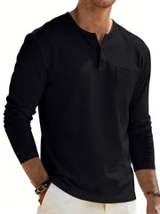 Black long sleeve henley t-shirt with button placket and chest pocket.