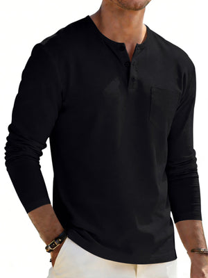 Black long sleeve henley t-shirt with button placket and chest pocket.
