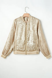Metallic bomber jacket in tan with ribbed trim and zip front.