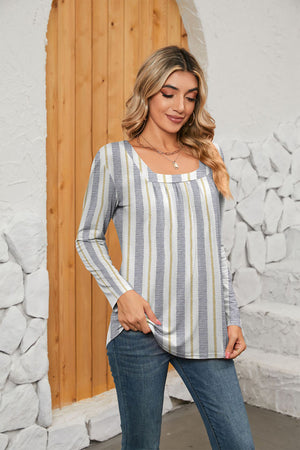Long sleeve blouse with square neck and vertical stripe pattern in white, grey, and yellow.