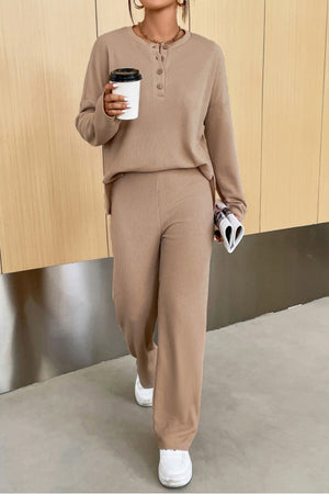 Relaxed ribbed henley set in camel with buttoned neckline and wide leg pants.