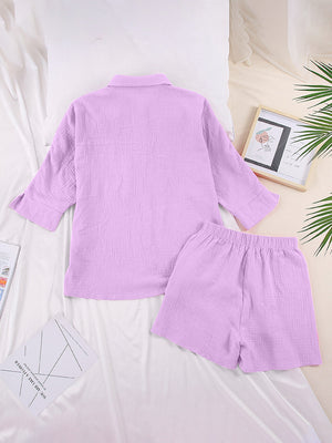 Lavender gauze cotton resort shirt and shorts set with buttoned collar and elastic waist shorts.