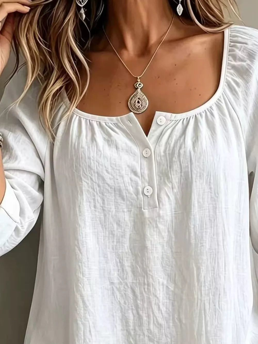 Button Detail Long Sleeve Top in Light Blue, back view