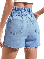 Medium wash denim paperbag shorts with frayed hem and back pockets.