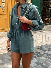 Button Front Long Sleeve Romper in Green, model styling view