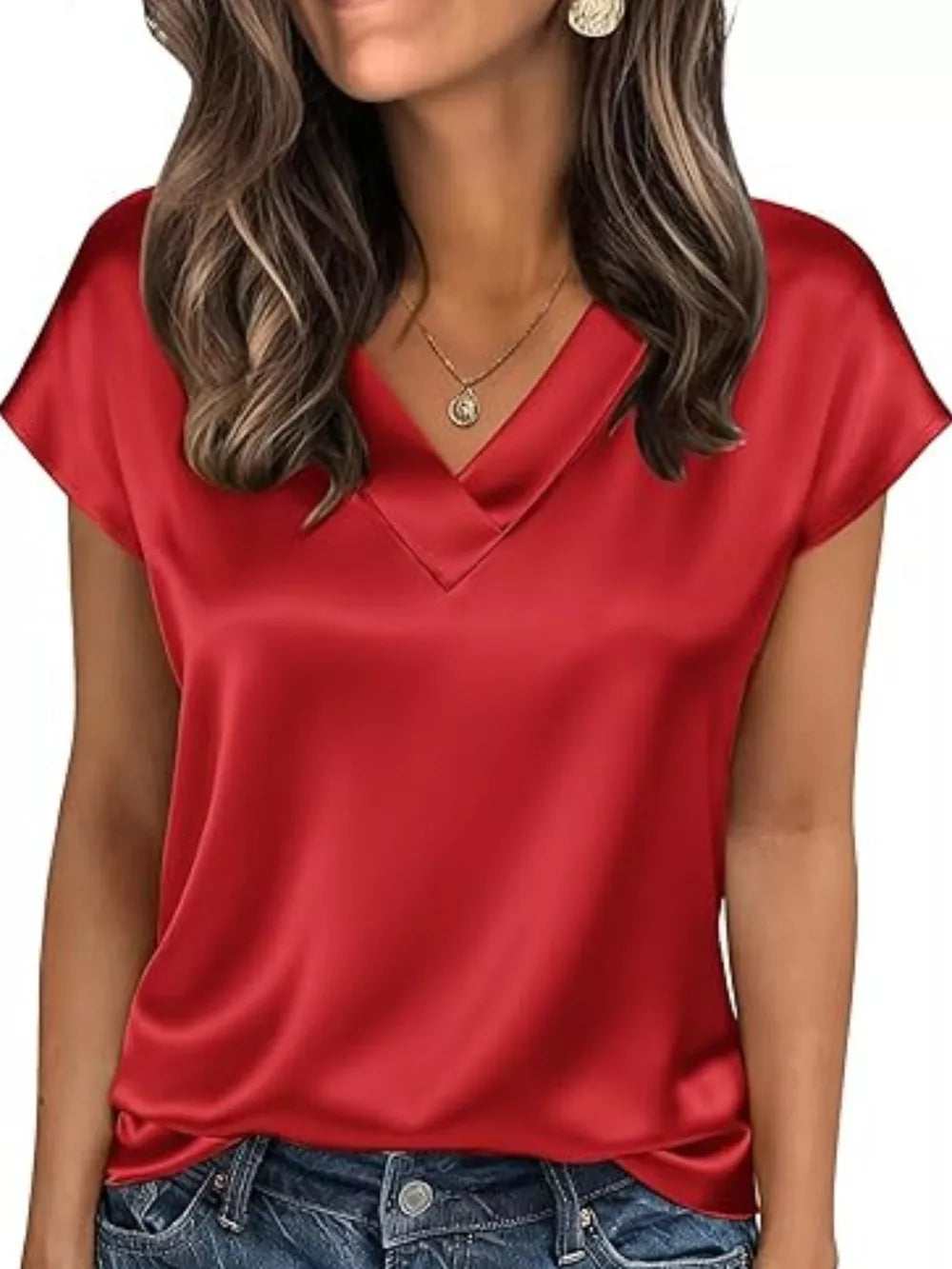 Red satin V-neck short sleeve maternity shirt with a relaxed fit.