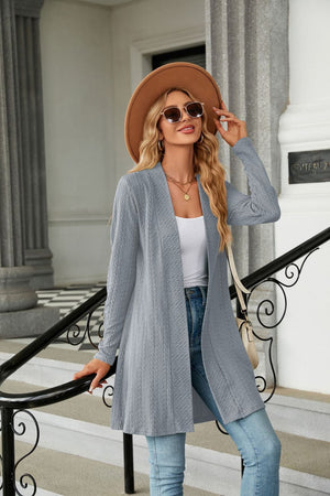 Light Blue textured knit open-front duster cardigan with long sleeves.