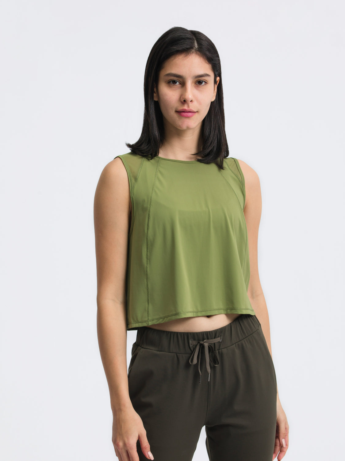 Moss green cropped active tank with mesh inset back detail