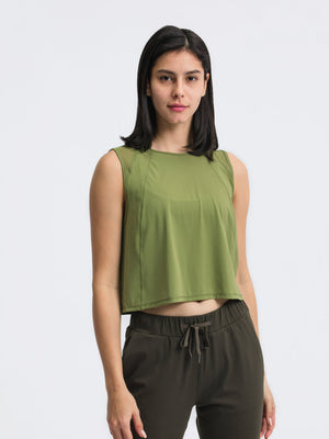 Moss green cropped active tank with mesh inset back detail