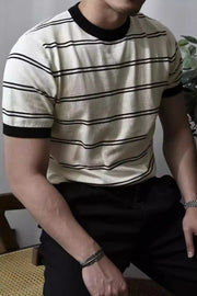 Beige ribbed stripe t-shirt with black contrast trim and neckline