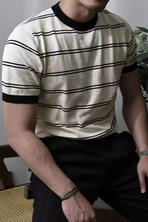 Beige ribbed stripe t-shirt with black contrast trim and neckline