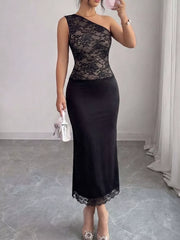 One-shoulder Lace Trimmed Midi Dress in Black, close-up detail