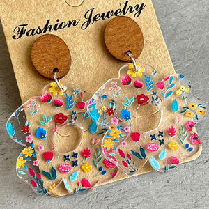 Floral acrylic bloom earrings with wood tops and colorful floral print