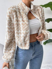 Textured geo-print fleece jacket in tan with balloon sleeves and a zip front.