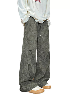 Men's gray plaid loose fit sweatpants with drawstring waist and wide leg