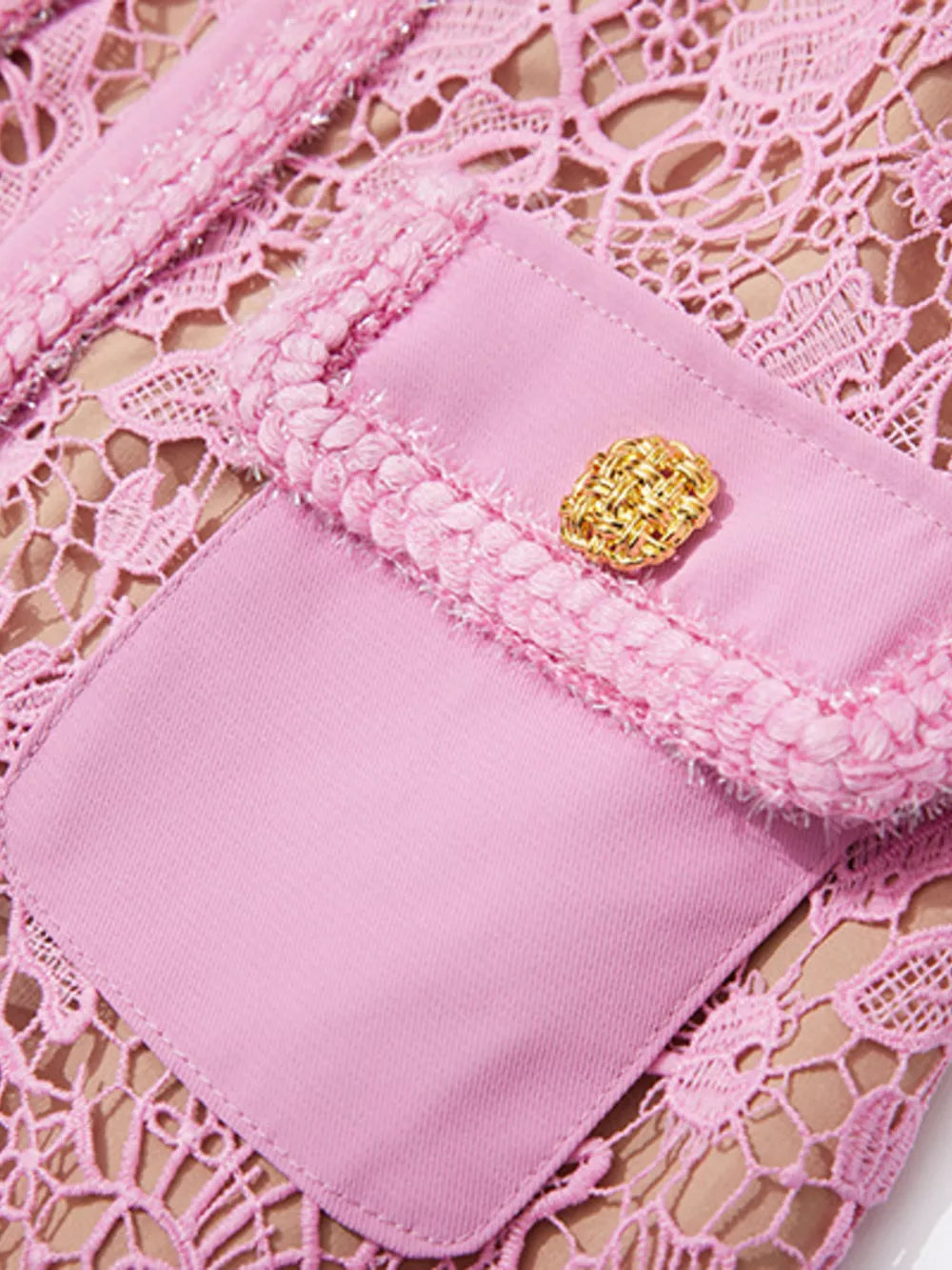 Pink lace midi dress with pocket detail and gold button.