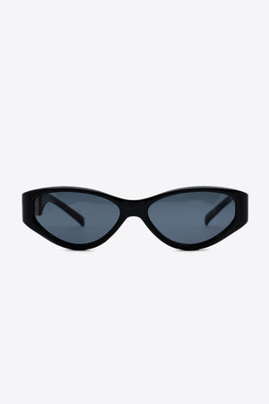 Black cat-eye sunglasses with a bold white frame and chain detail